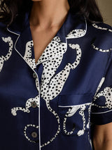 [Guépard Bleu Marine] SilkSilky-FR Short Sleeve Notch Collar Femme Pyjamas 006