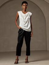 [Blanc] SilkSilky-FR Cap Sleeve Cowl Neck Femme T-Shirt 004