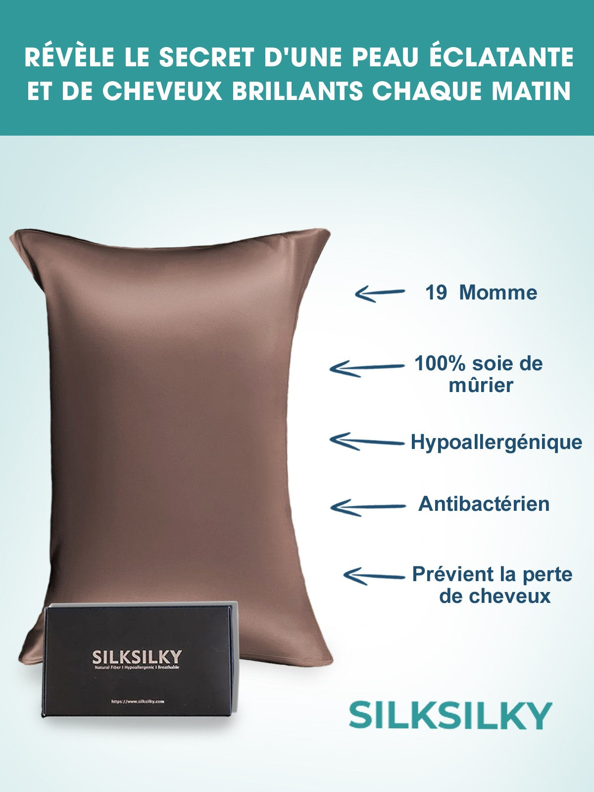 SilkSilky-FR 19Momme Pure Soie Pillowcase Brun 002