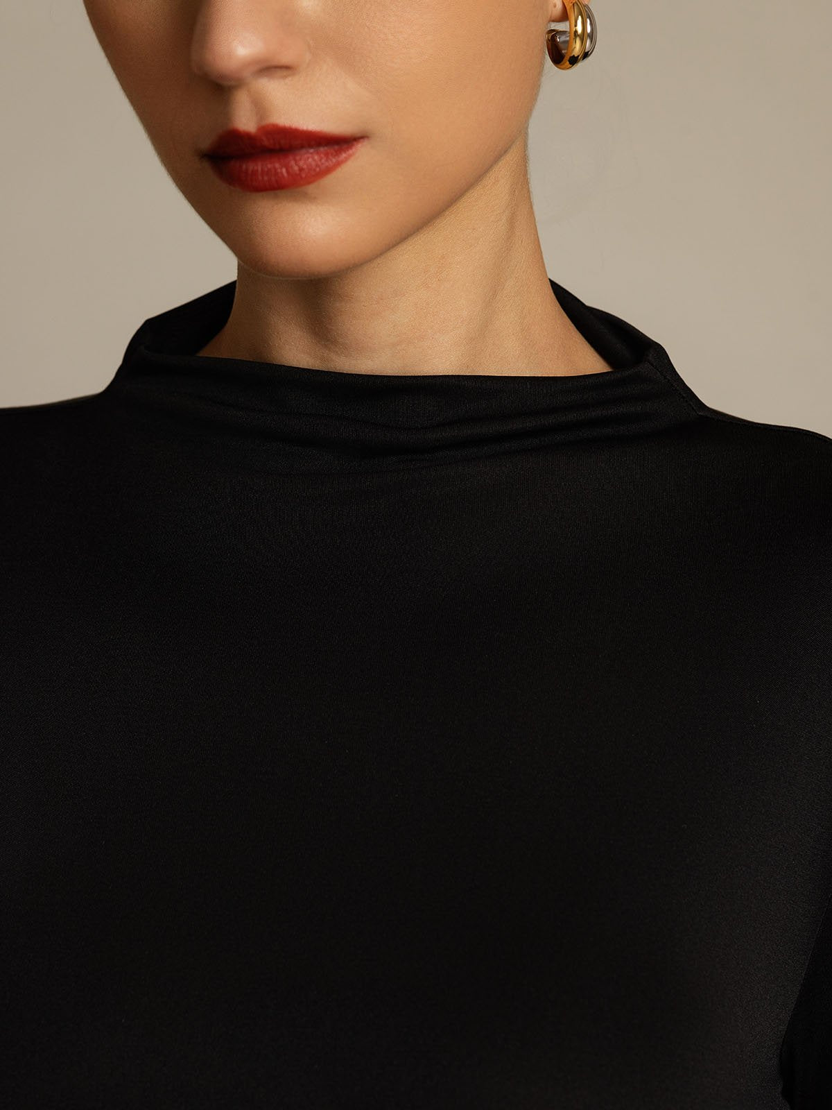 [Noir] SilkSilky-FR Soie Col Haut Femme T-Shirt 004