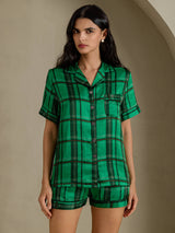 [Carreaux Verts] SilkSilky-FR Short Sleeve Notch Collar Femme Pyjamas 001