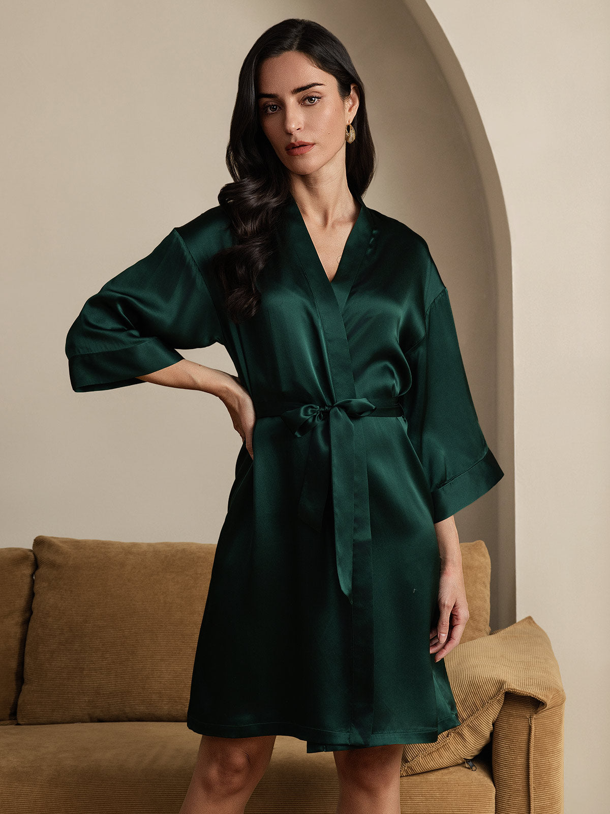 [Vert Foncé] SilkSilky-FR Trois-quart Femme Peignoir 003