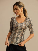 [Snakeskin] SilkSilky-FR Manches mi-longues Encolure Dégagée Femme T-Shirt 003