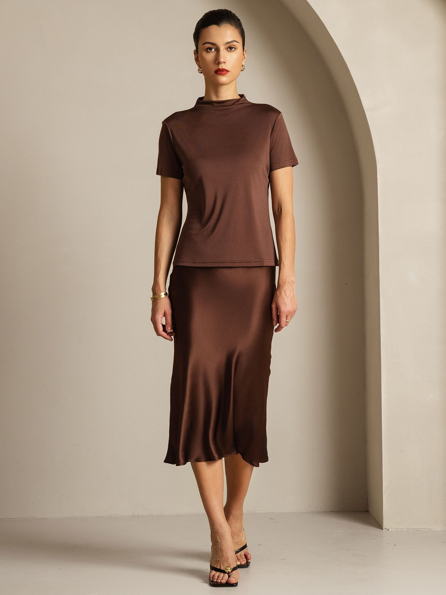 [Café] SilkSilky-FR Soie Col Chemise Femme T-Shirt 006