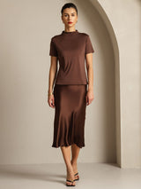 [Café] SilkSilky-FR 100% Silk Jersey Short Sleeve Mock Neck Femme T-Shirt 006