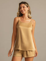 [Tan] SilkSilky-FR 19Momme Soie Sans manches Col Rond Ensemble Camisole 005