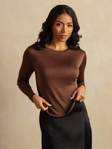 [Café] SilkSilky-FR Long Sleeve Crew Neck Femme T-Shirt 006