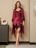 SilkSilky-FR Pure Soie Trois-quart Nightgown&Robe Set RougeFoncé 003