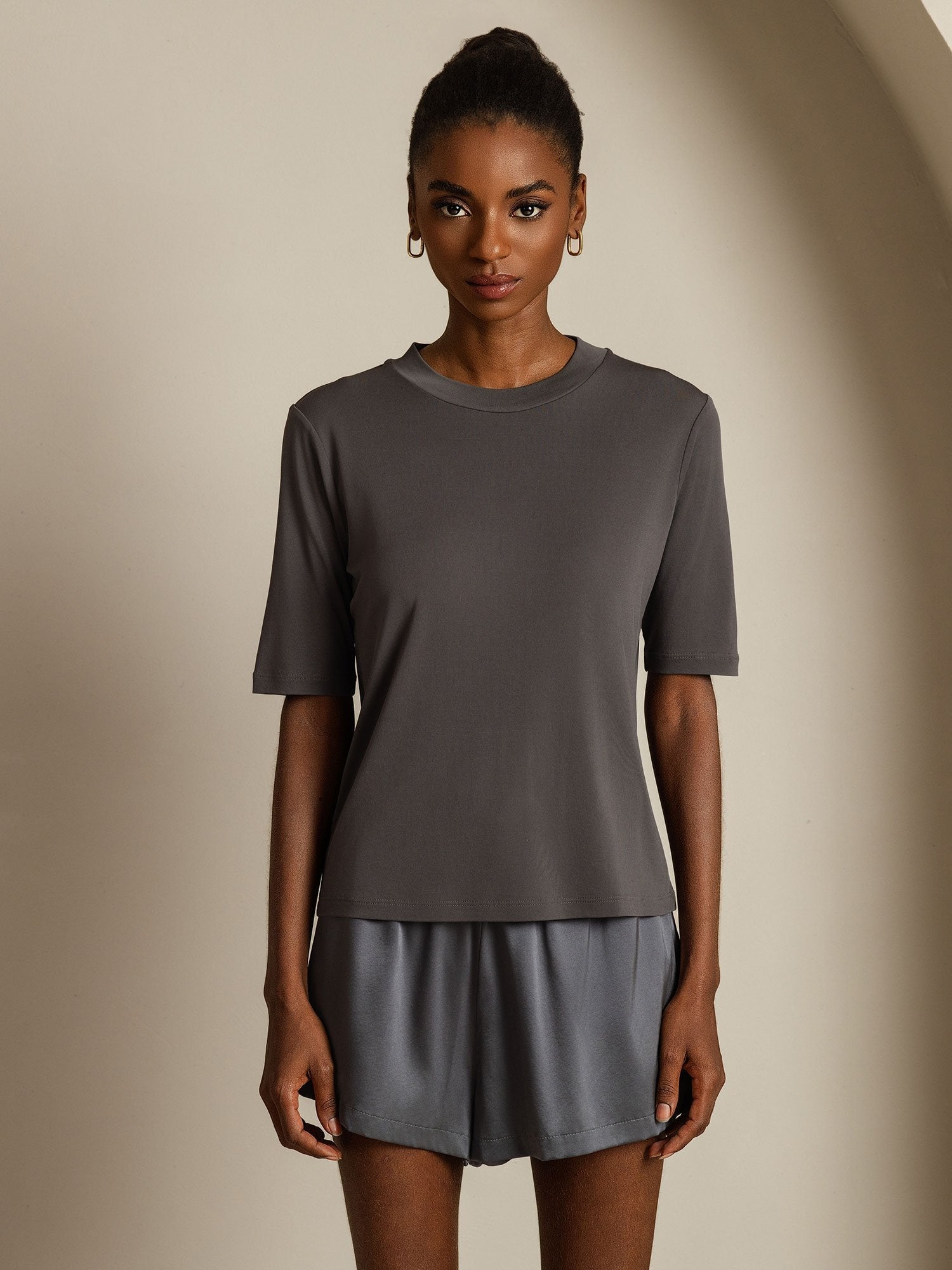 [Gris] SilkSilky-FR Soie Col Rond Femme T-Shirt 003