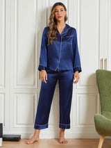 [Bleu Foncé] SilkSilky-FR Pure Soie Manches longues Womens Pajamas 001