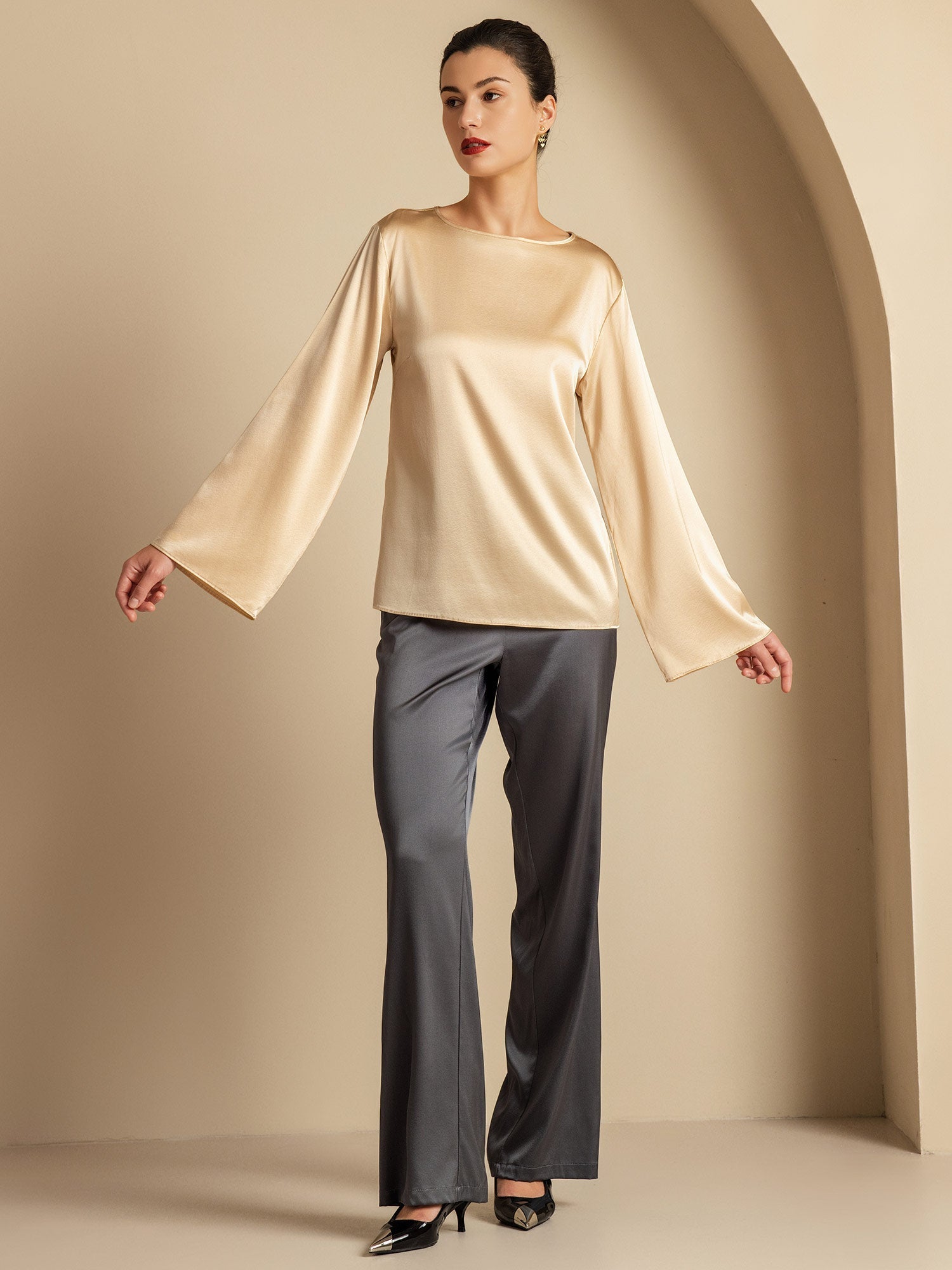 [Champagne] SilkSilky-FR 19Momme Soie Col Rond Femme T-Shirt 008,