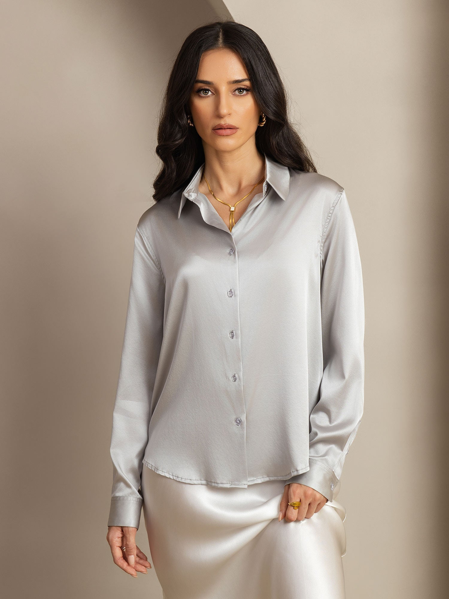 [Gris Clair] SilkSilky-FR 19Momme Manches longues Col à Revers Femme Chemise 001