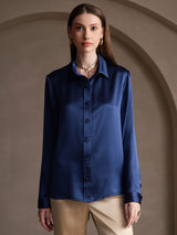 [Bleu Foncé] SilkSilky-FR Long Sleeve Lapel Collar Femme Chemise 001