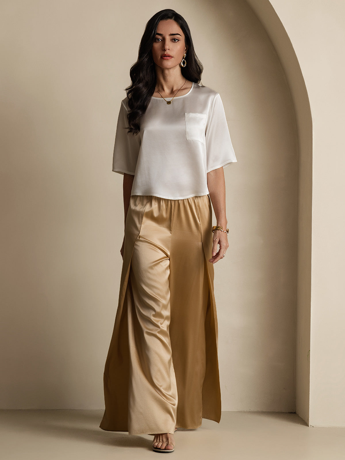 [Blanc] SilkSilky-FR Pure Soie Manches mi-longues Col Bateau Femme T-Shirt 008