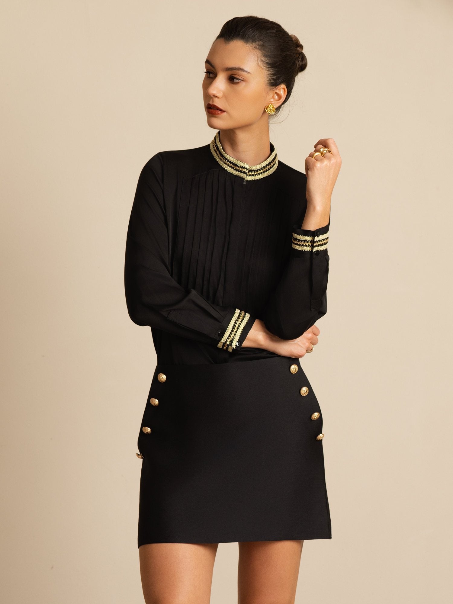 [Noir] SilkSilky-FR 19Momme Soie Manches longues Col Montant Blouse 005