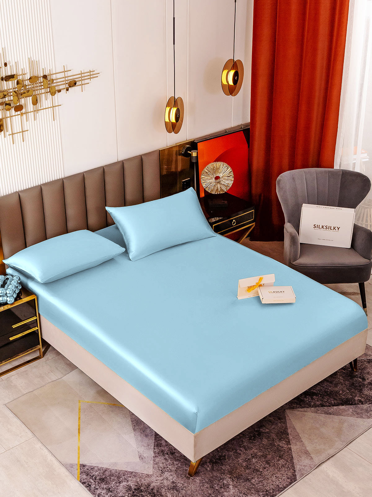 [Bleu Clair] SilkSilky-FR 19Momme Pure Soie Bedding Set 001