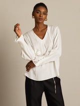 [Blanc] SilkSilky-FR Long Sleeve V Neck Blouse 004