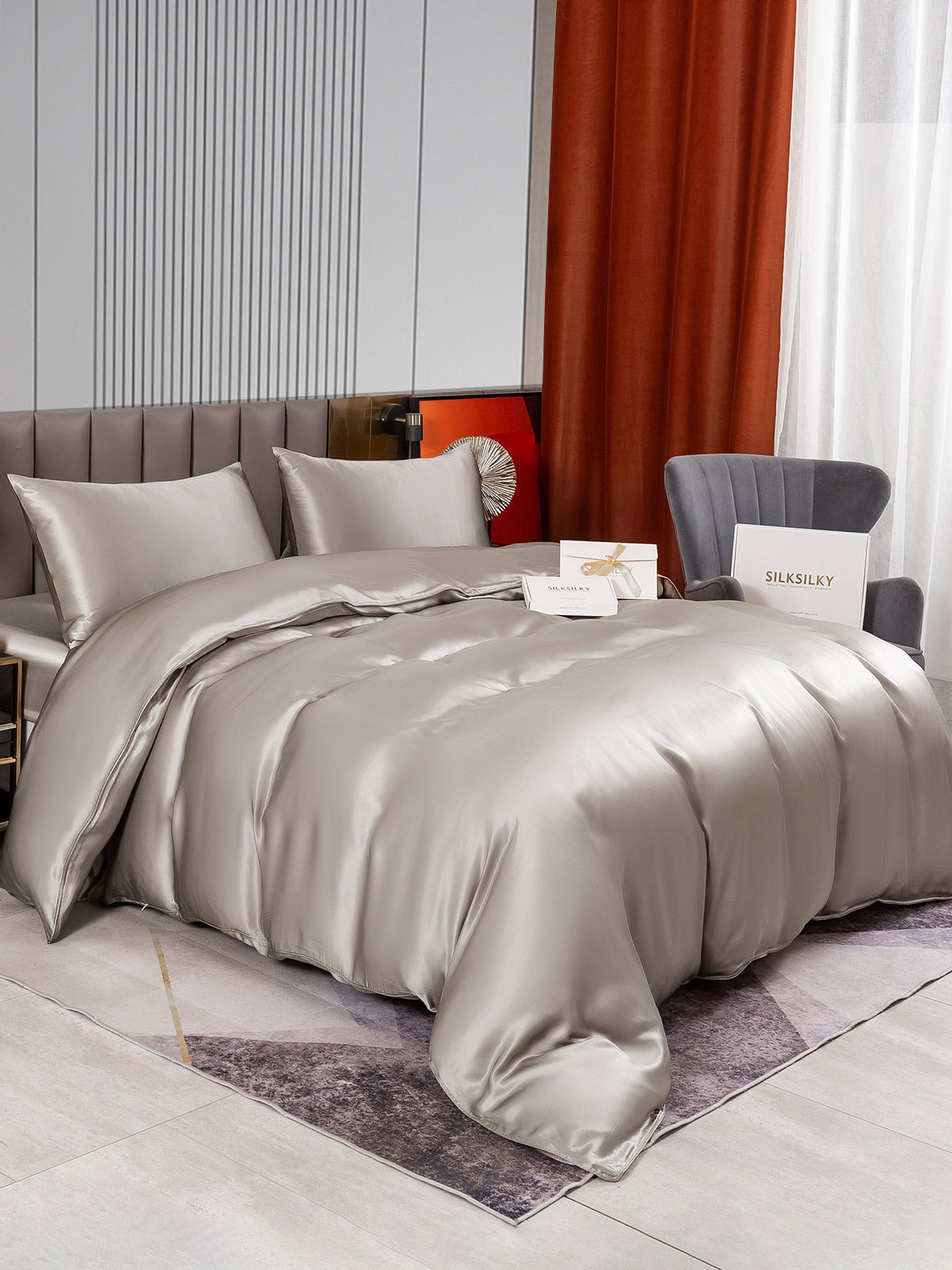 SilkSilky FR 22Momme Pure Soie Bedding Set Gris 002