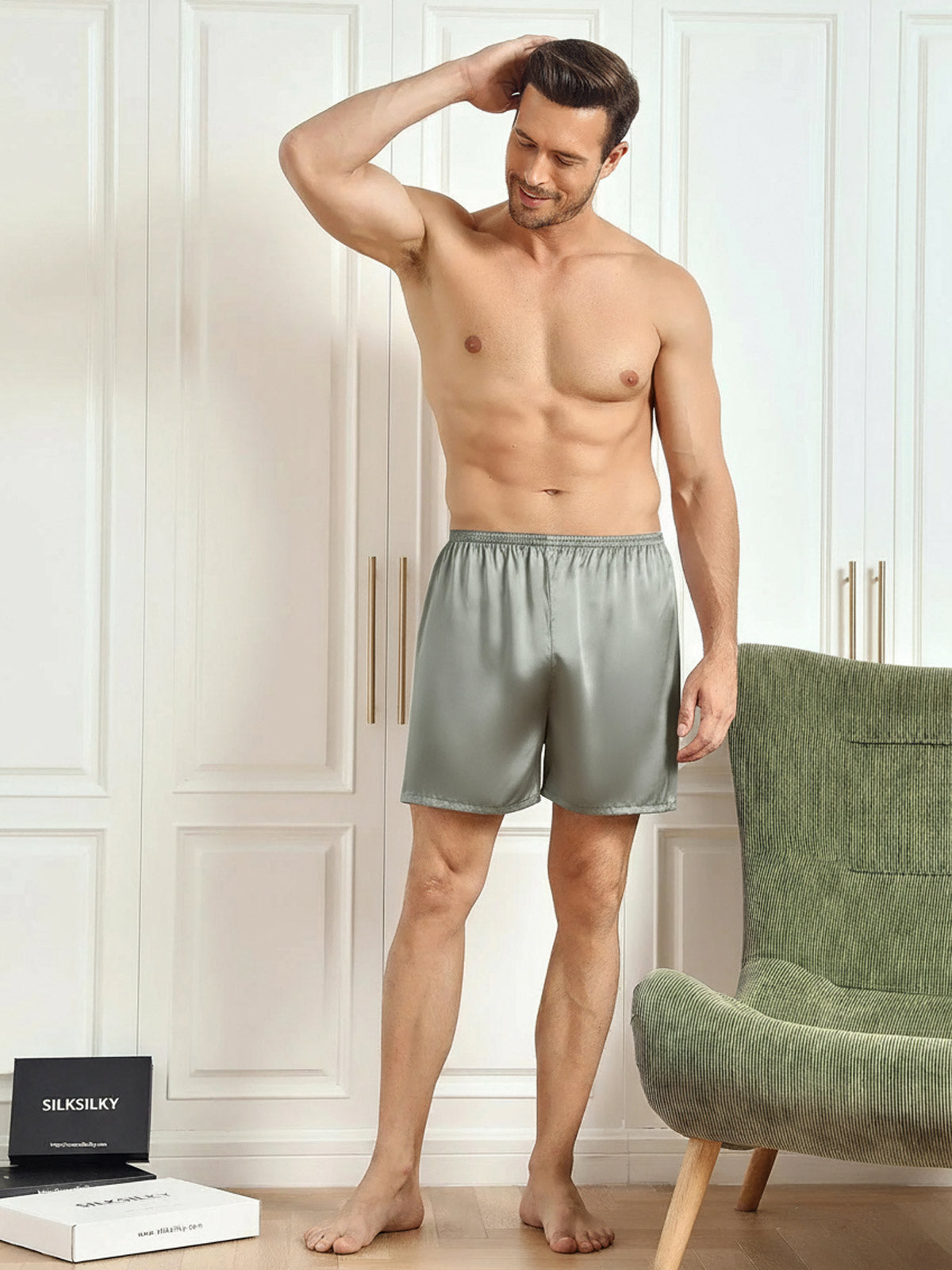 [Vert Grisâtre] SilkSilky-FR Pure Soie Mens Sleep Bottoms 004