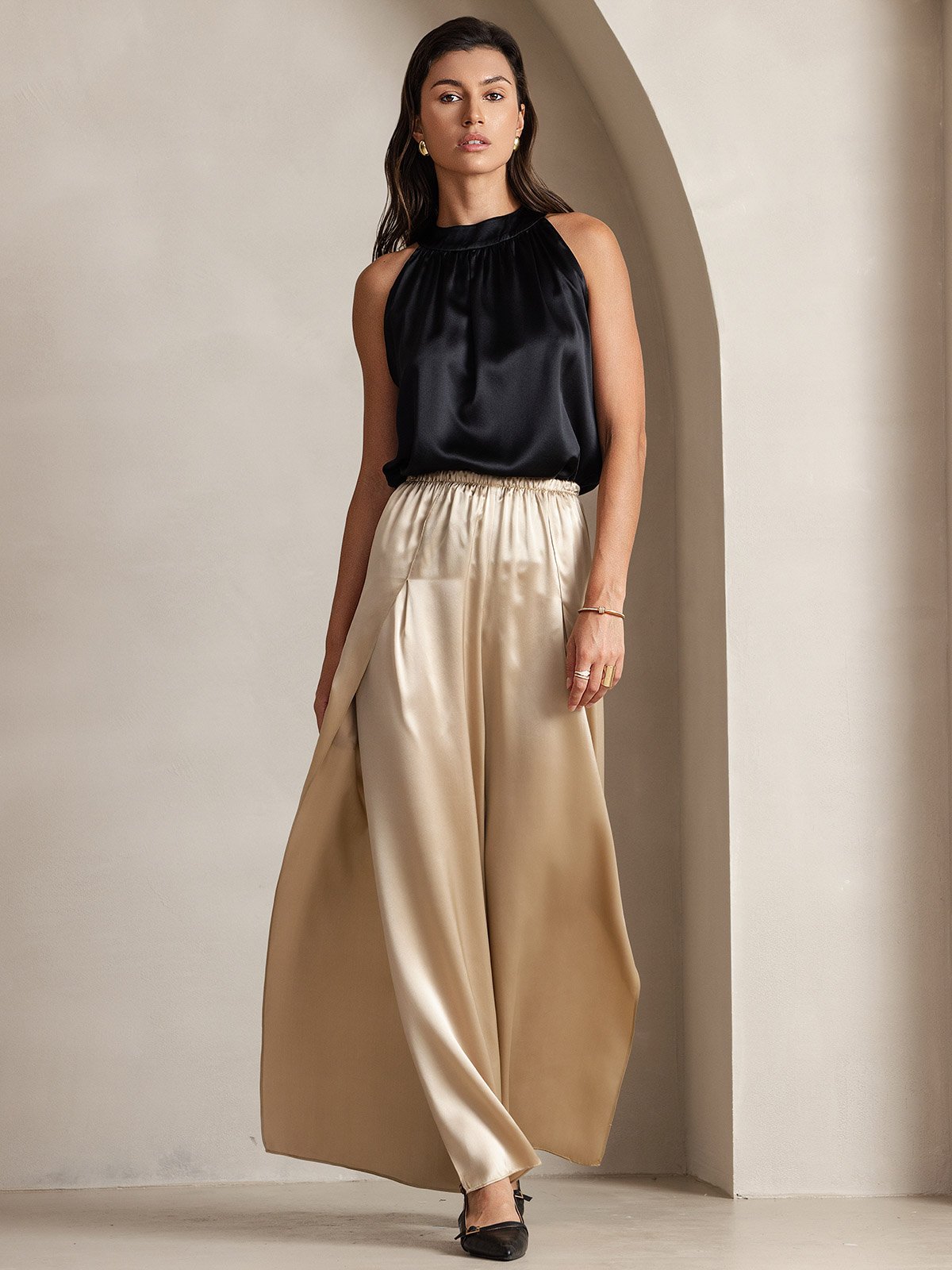 [Noir] SilkSilky-FR 19Momme Soie Sans manches Womens T-Shirt 003