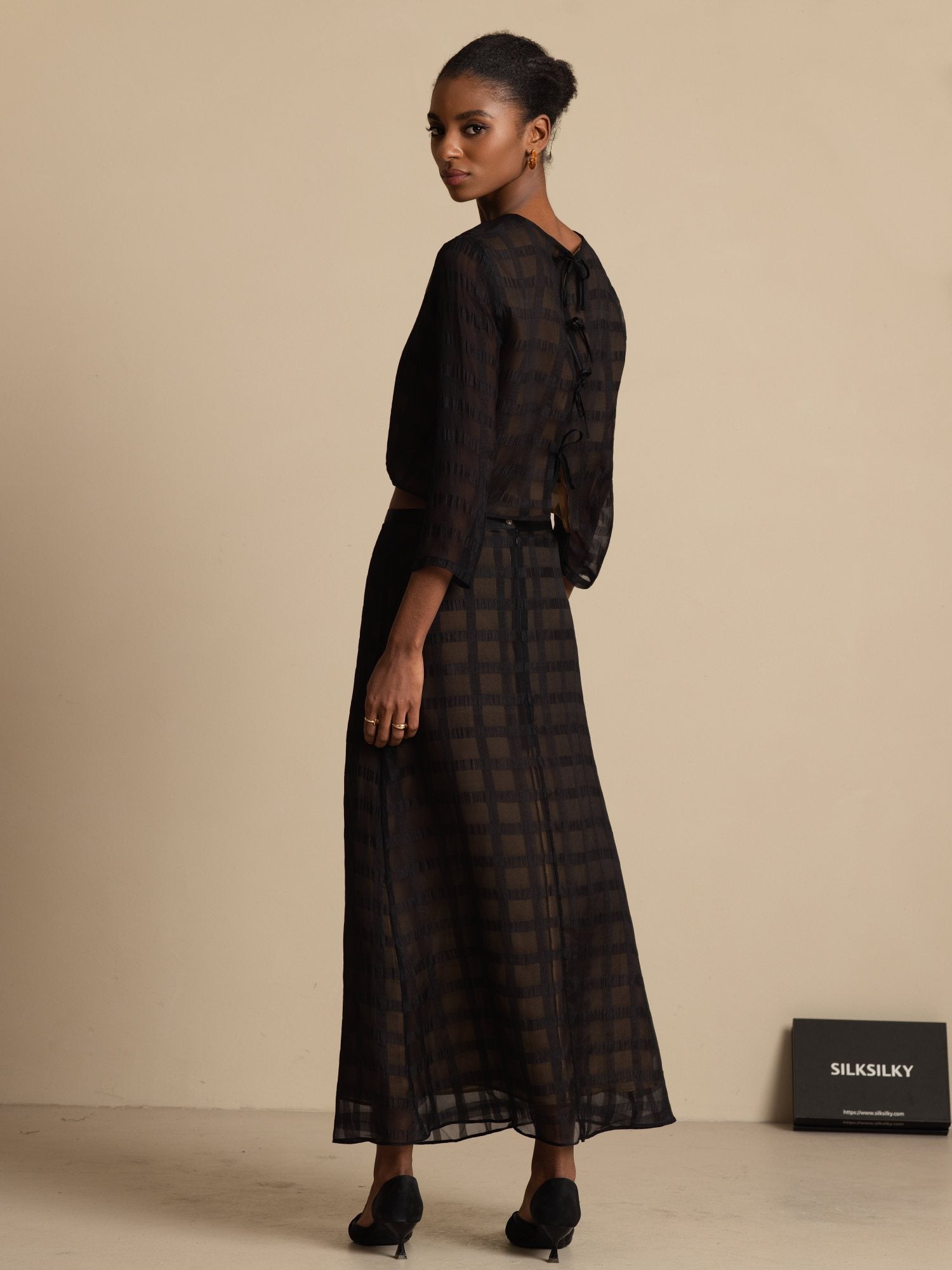 [Noir] SilkSilky-FR Soie Manches longues Col Rond Women''s Outfit Sets 002