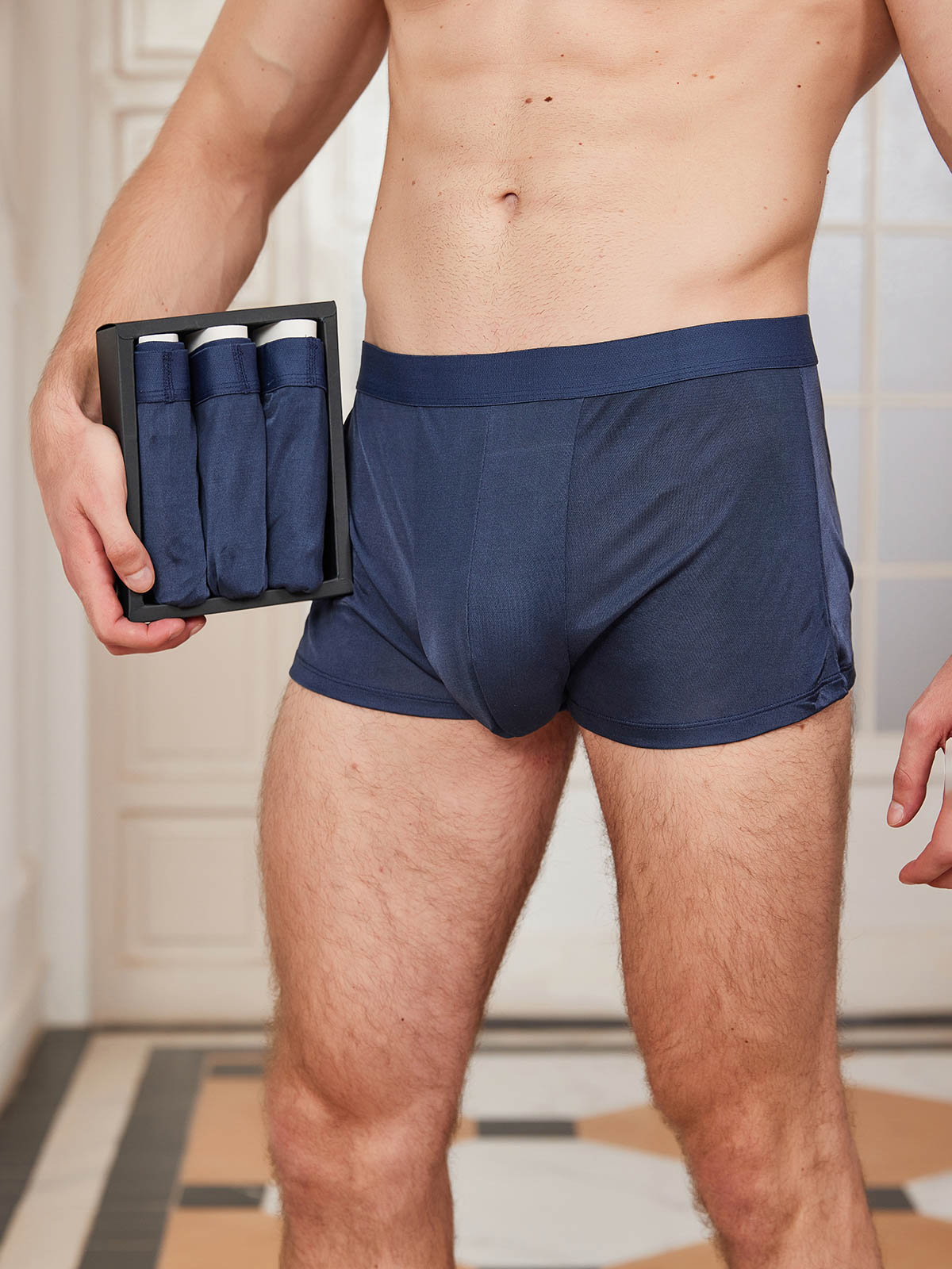 [Bleu Foncé] SilkSilky-FR Pure Soie Mens Underwear 001