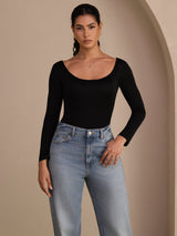 [Noir] SilkSilky-FR Long Sleeve Col en U Femme T-Shirt 004