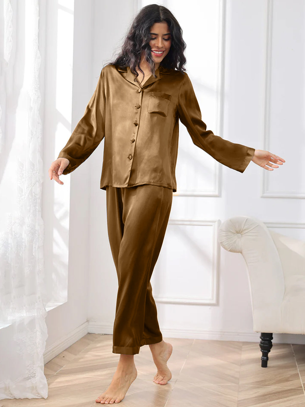 [Brun] SilkSilky-FR Pure Soie Womens Pajamas 003,