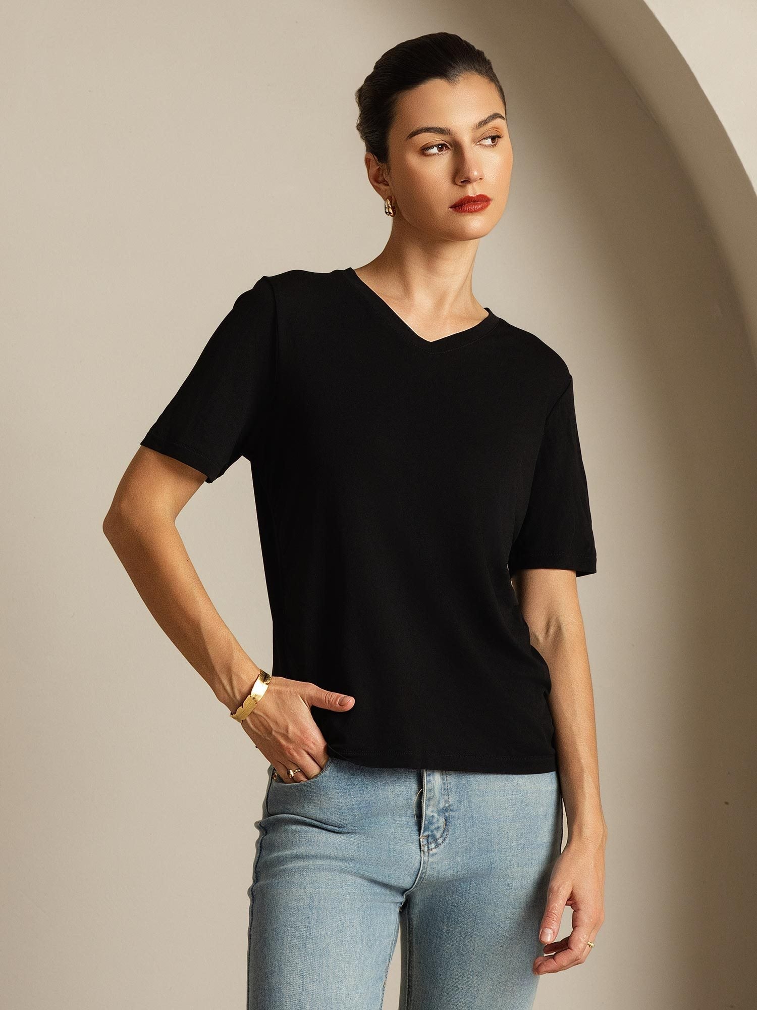 [Noir] SilkSilky-FR Soie Womens T-Shirt 007,