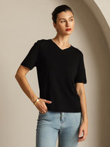[Noir] SilkSilky-FR Manches courtes Col V Femme T-Shirt 007