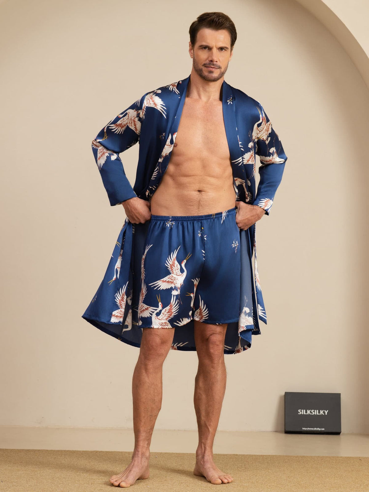 [Bleu Foncé] SilkSilky-FR 19Momme Long Sleeve Mens Pajamas 001