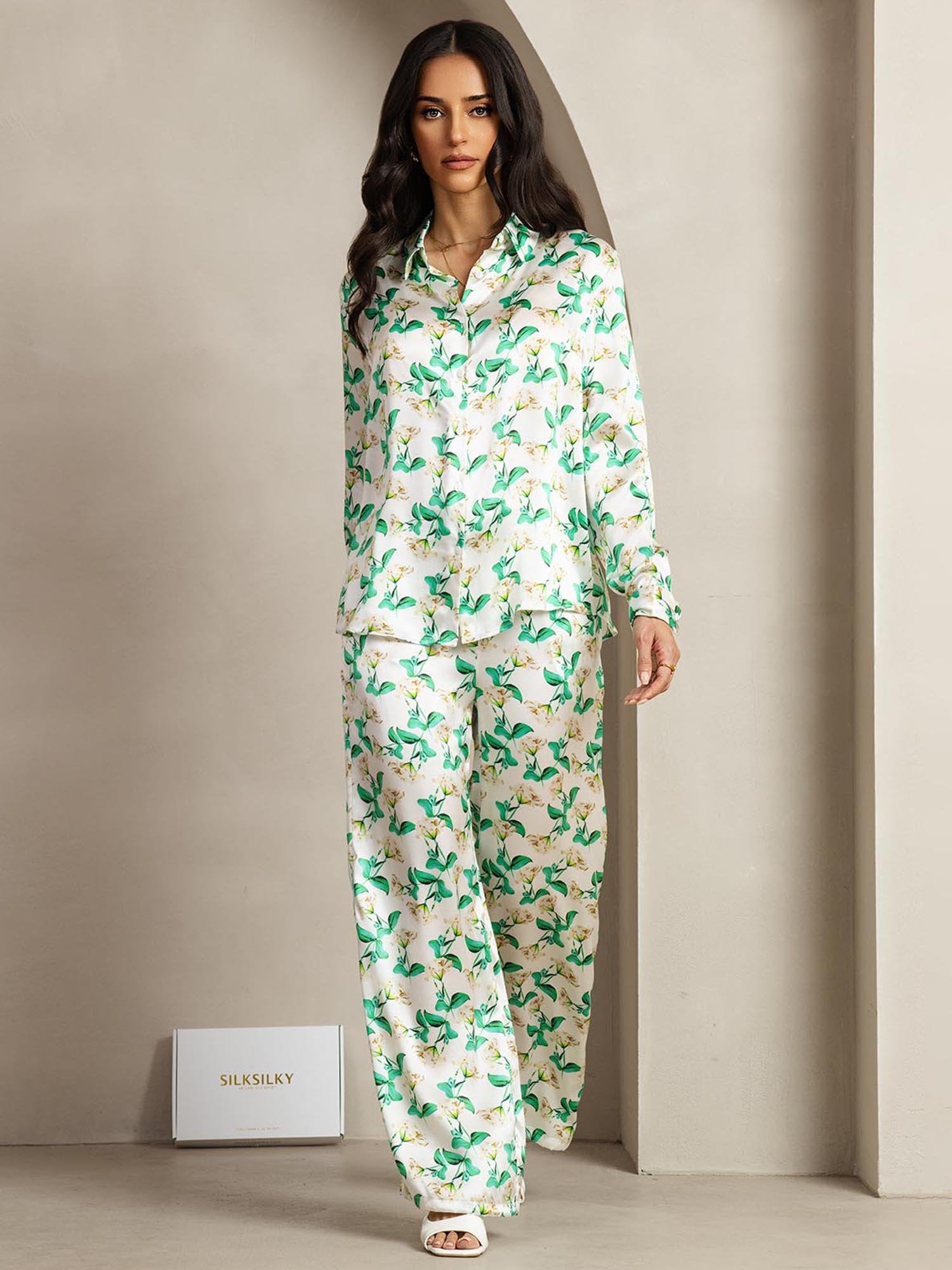 [FloralVert] SilkSilky-FR 19Momme Soie Col Chemise Women''s Outfit Sets 002
