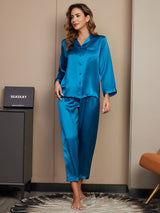 [Bleu Royal] SilkSilky-FR Long Sleeve Lapel Collar Femme Pyjamas 001