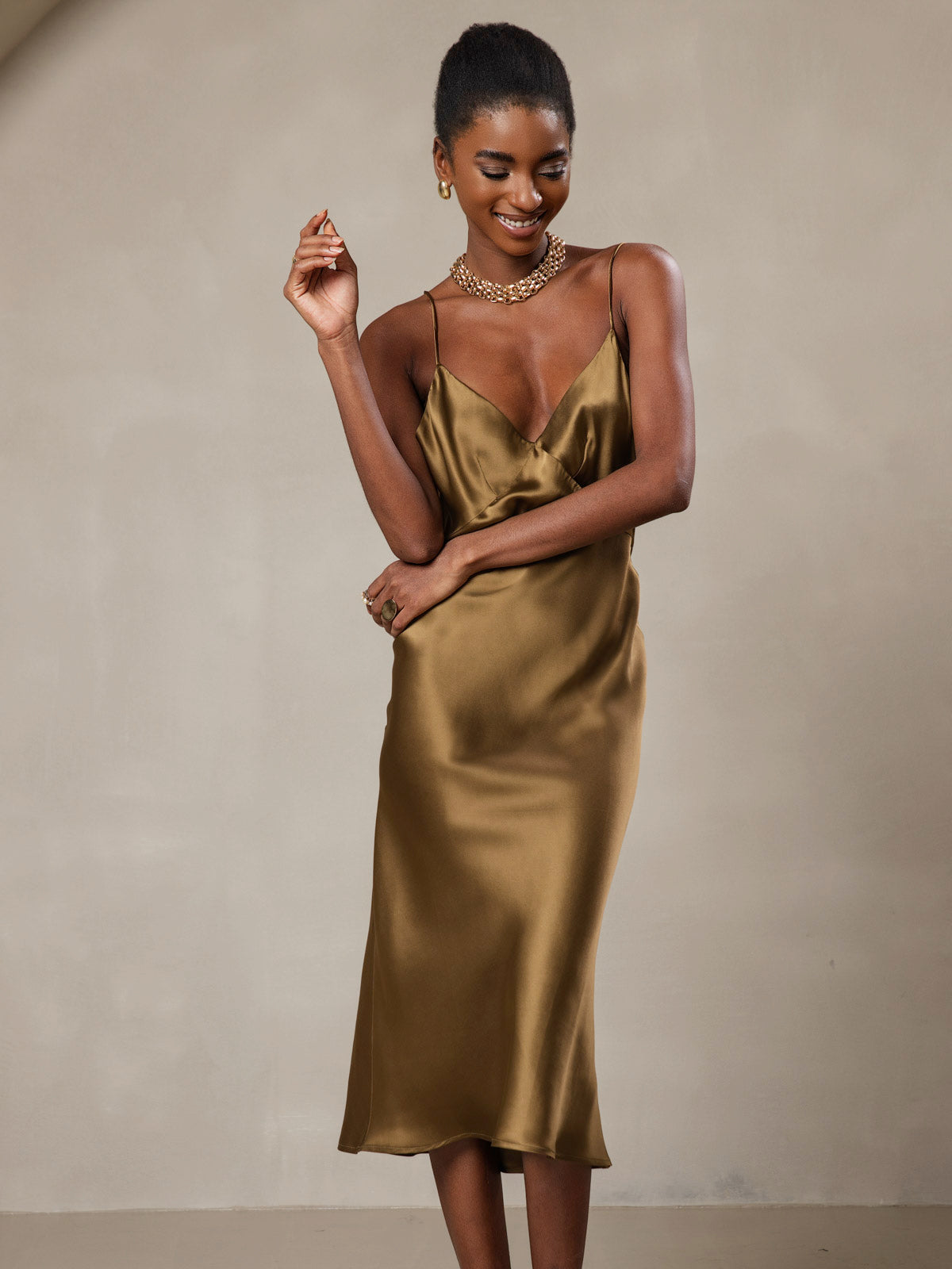 [Brun] SilkSilky-FR 19Momme Pure Soie Col en V Robes 001