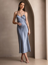 [Bleu Grisâtre] SilkSilky-FR Sleeveless V Neck Robes 004