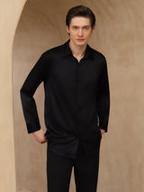[Noir] SilkSilky-FR 19Momme Manches longues Col à Revers Homme Chemise 003