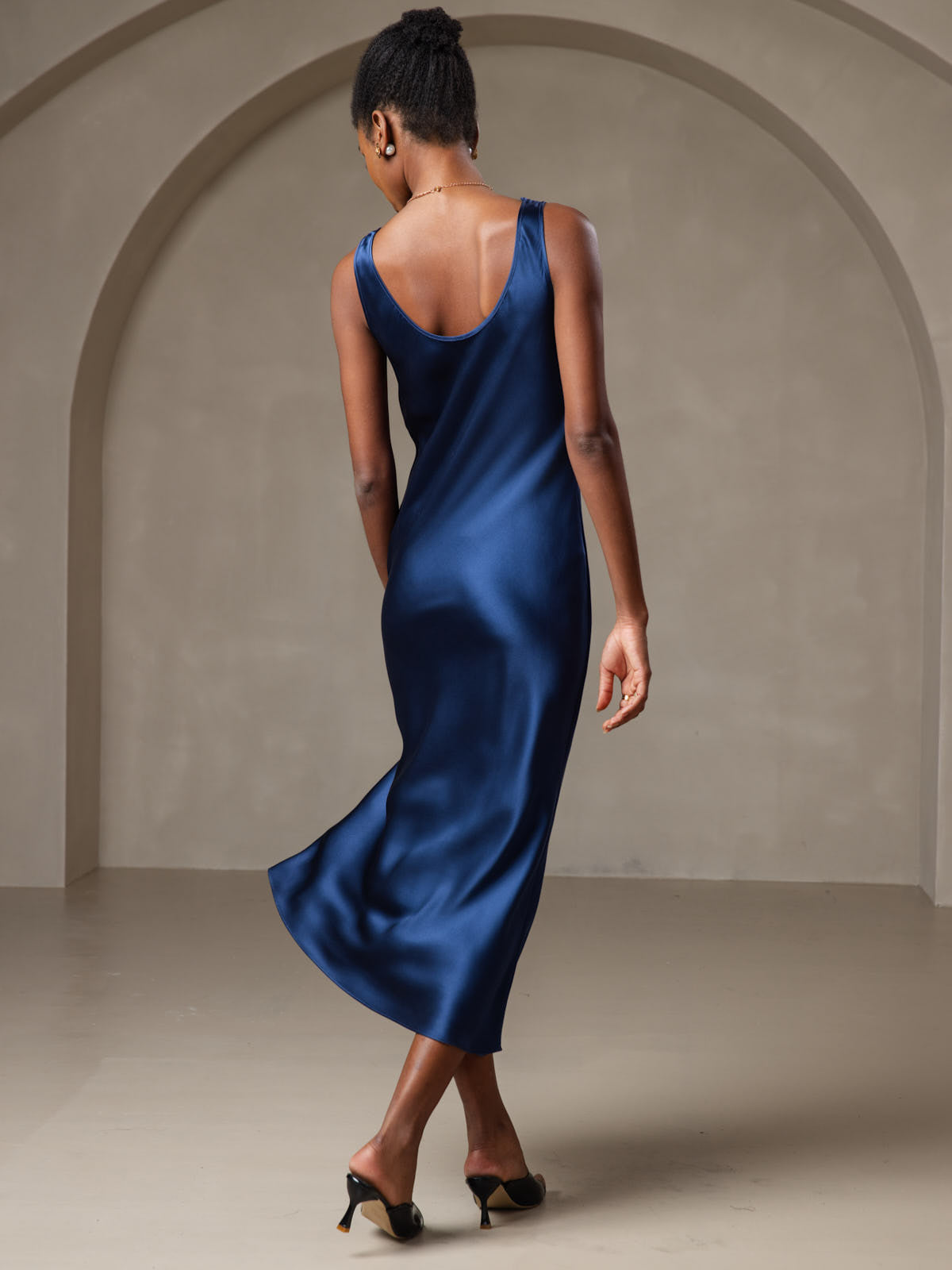 [Bleu Foncé] SilkSilky-FR Pure Soie Col Bateau Robes 002