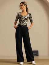 [Leopard] SilkSilky-FR Manches mi-longues Encolure Dégagée Femme T-Shirt 007