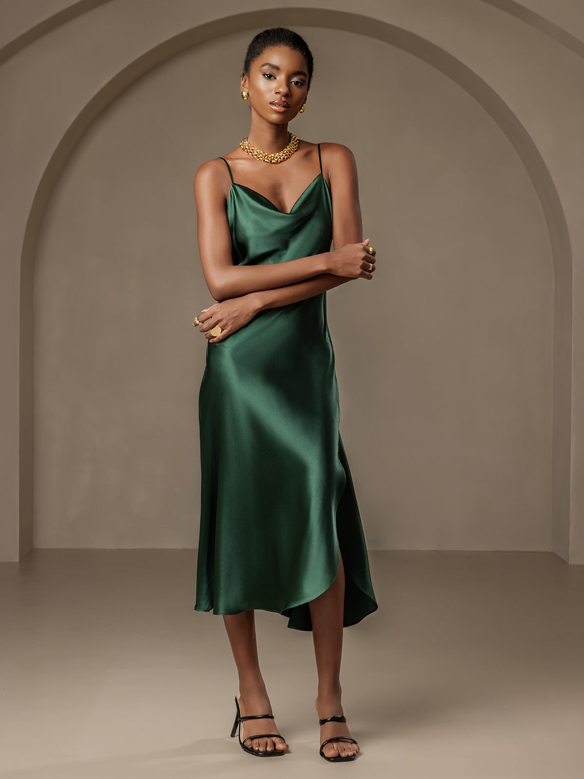 [Vert Foncé] SilkSilky-FR 19Momme Pure Soie Col Bénitier Robes 005