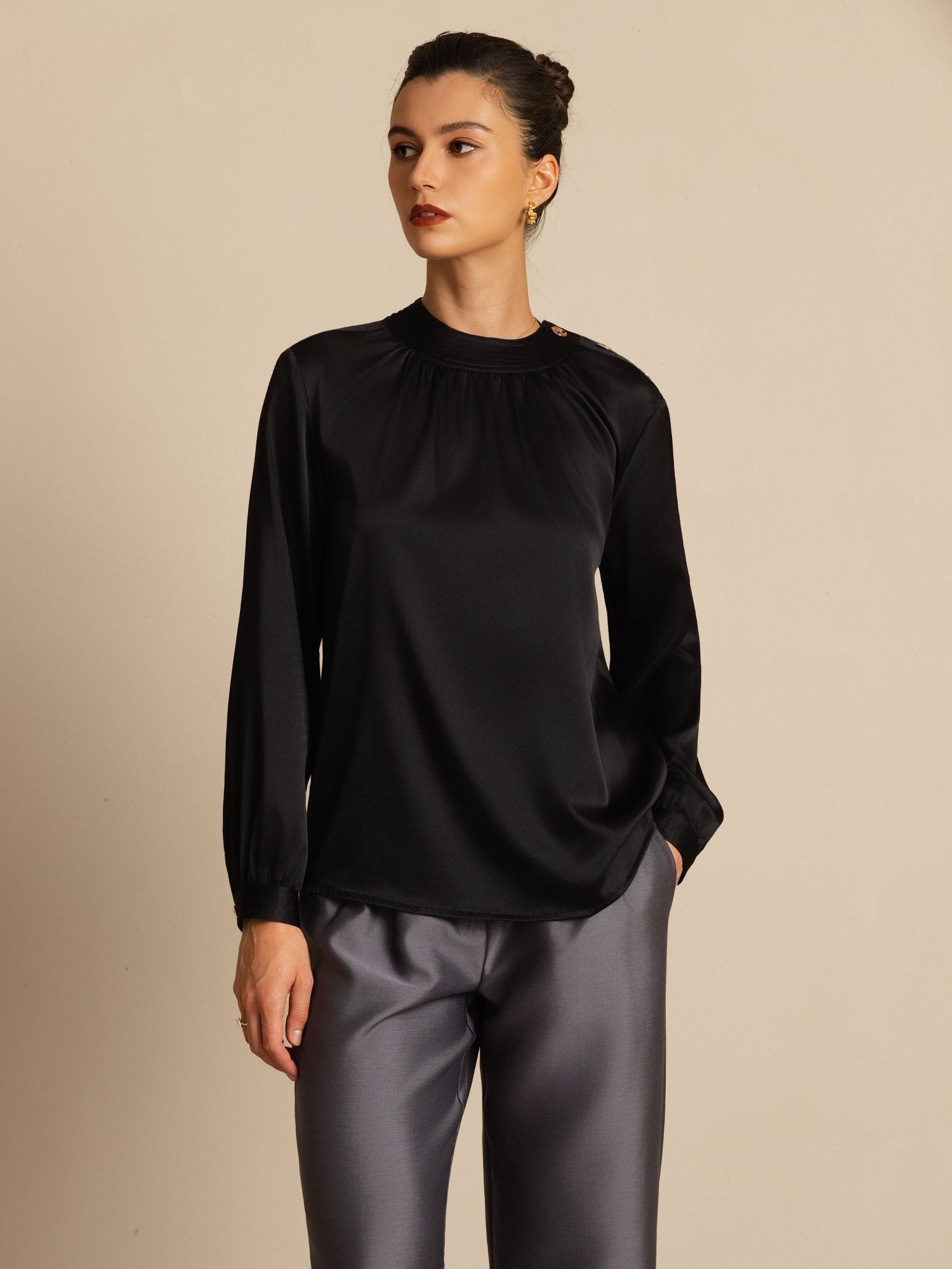 [Noir] SilkSilky-FR 19Momme Soie Manches longues Col Rond Blouse 004