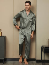 [Vert Grisâtre] SilkSilky-FR Pure Soie Manches longues Revers Homme Pyjamas 001