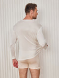 SilkSilky FR Soie Tricotée Manches longues Col Rond Homme T Shirt Blanc 002