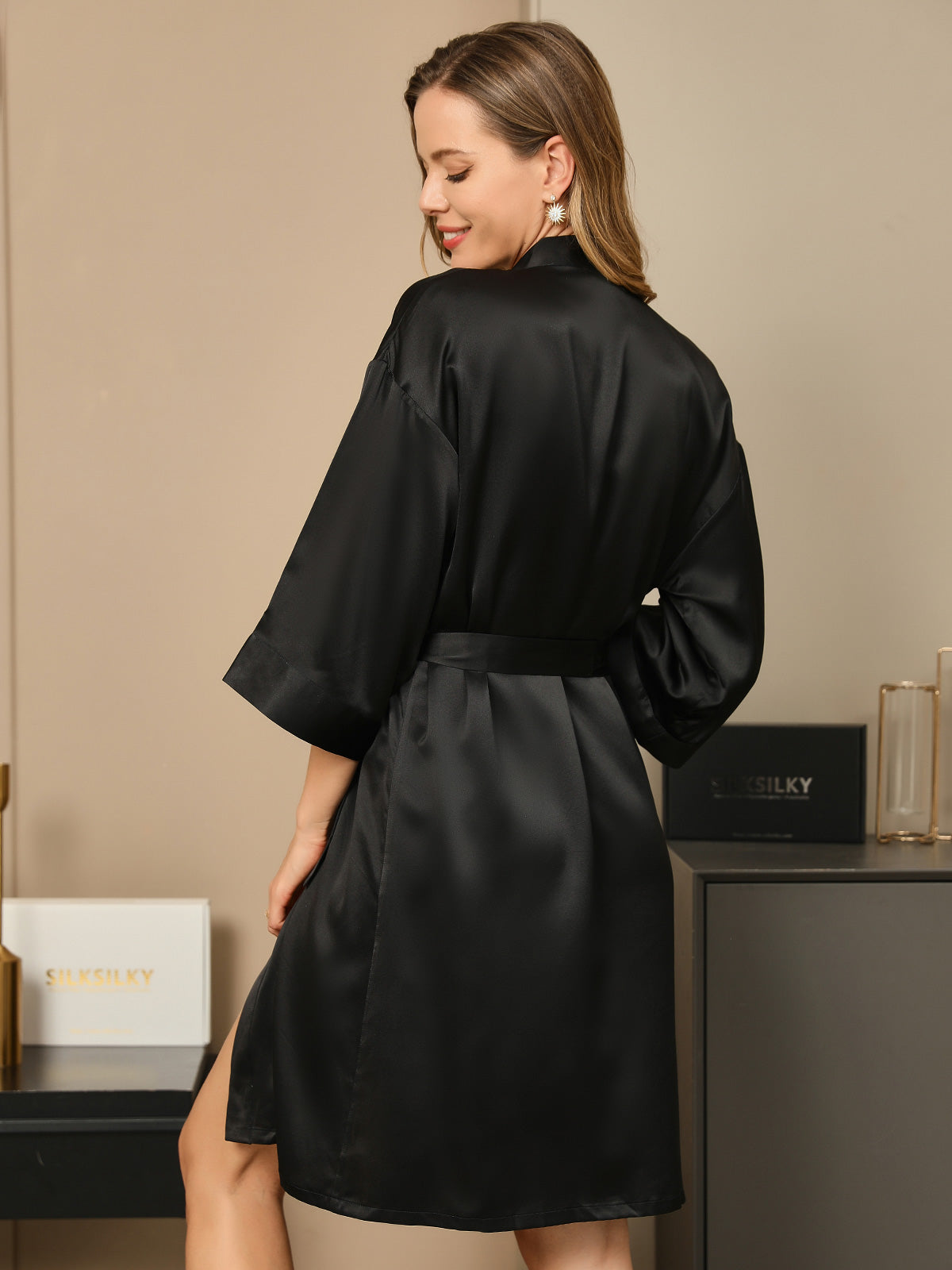 [Noir] SilkSilky-FR 3/4 Sleeve Femme Peignoir 002