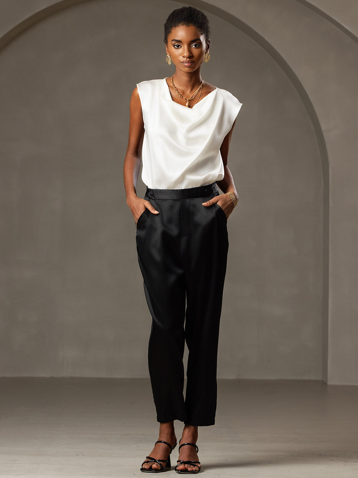 [Blanc] SilkSilky-FR 19Momme Soie Col Bénitier Femme T-Shirt 006