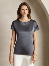 [Gris Foncé] SilkSilky-FR Short Sleeve Boat Neck Femme T-Shirt 001