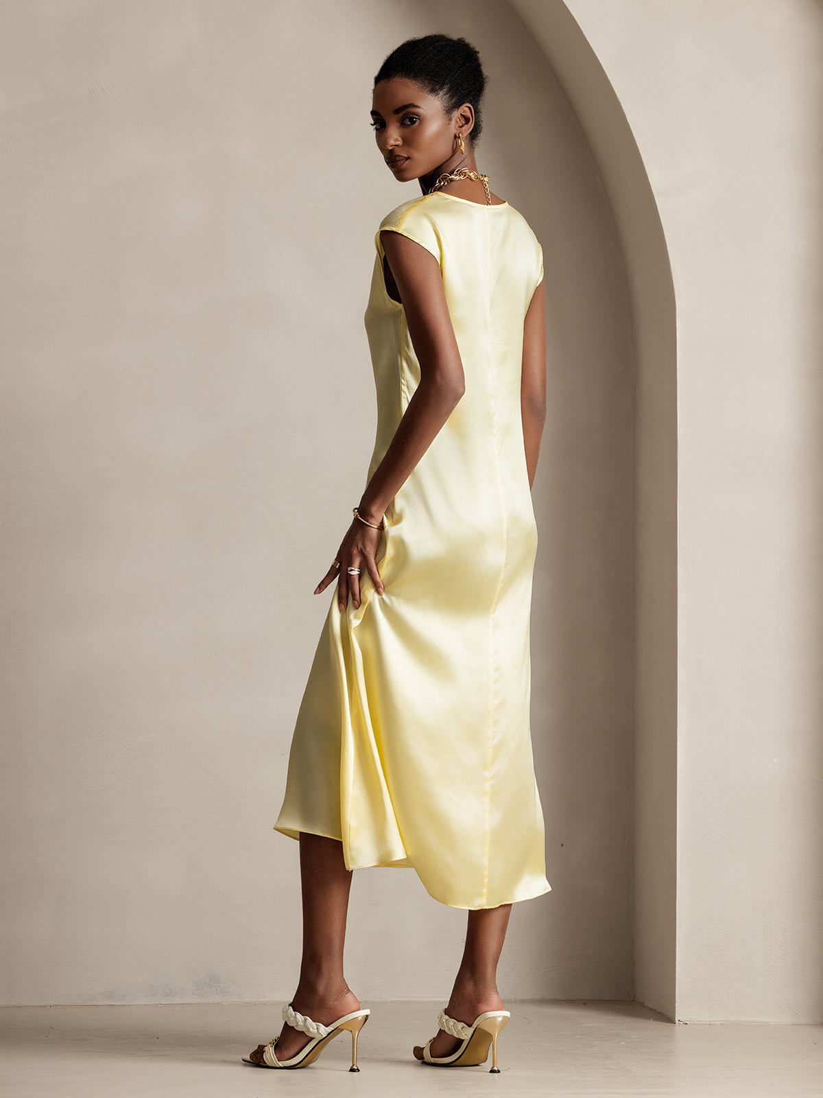 [Jaune Clair] SilkSilky-FR 19Momme Soie Col Rond Robes 002