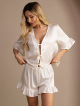 [Blanc] SilkSilky-FR Short Sleeve V Neck Femme Pyjamas 003