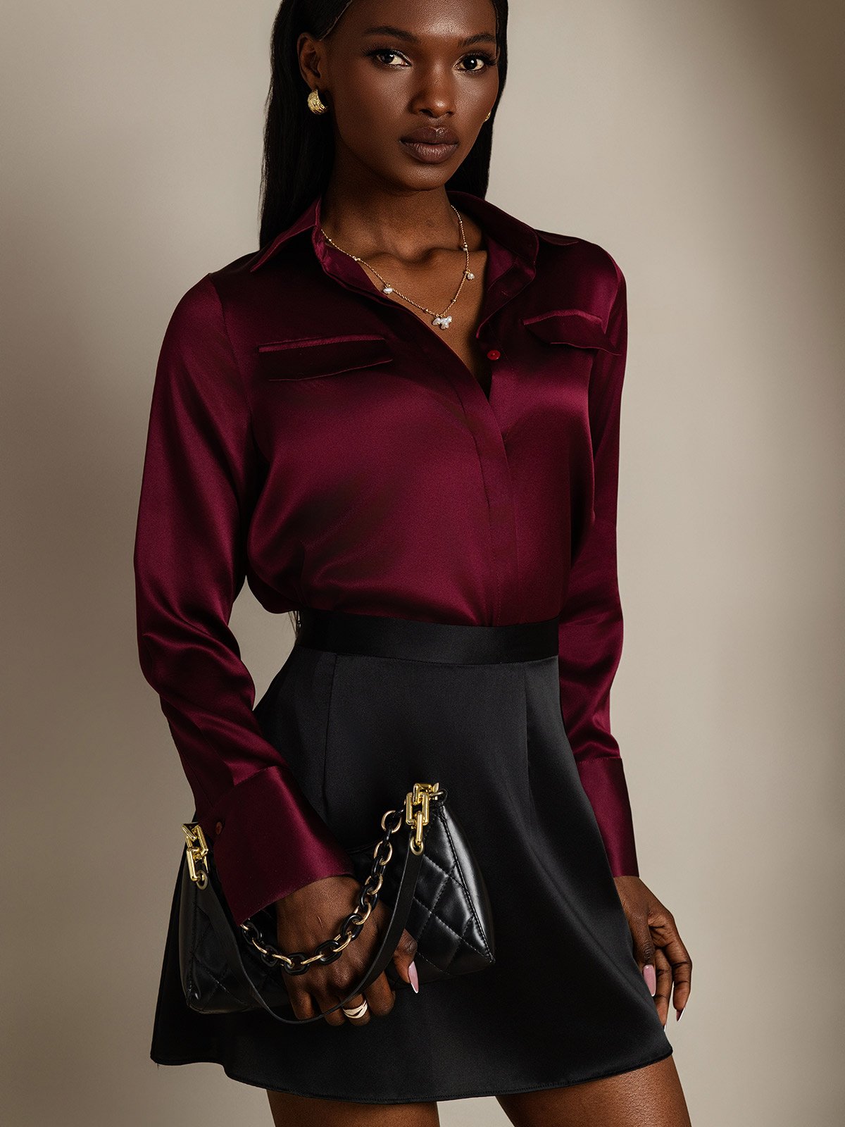 SilkSilky-FR 19Momme Soie Manches longues Col Chemise Femme Chemise RougeFoncé 005