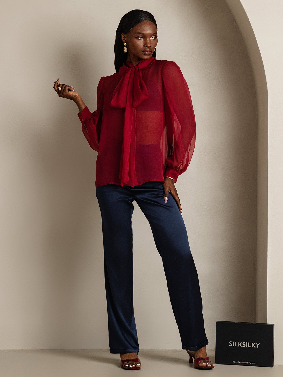 SilkSilky-FR Soie Manches longues Nœud à l'encolure Femme Chemise RougeVineux 006
