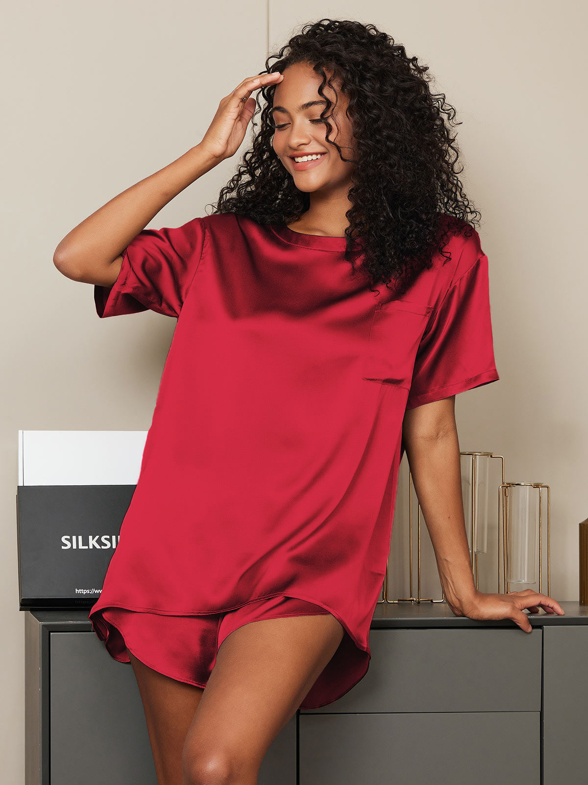 [Rouge Vineux] SilkSilky-FR Pure Soie Col Rond Femme Pyjamas 003
